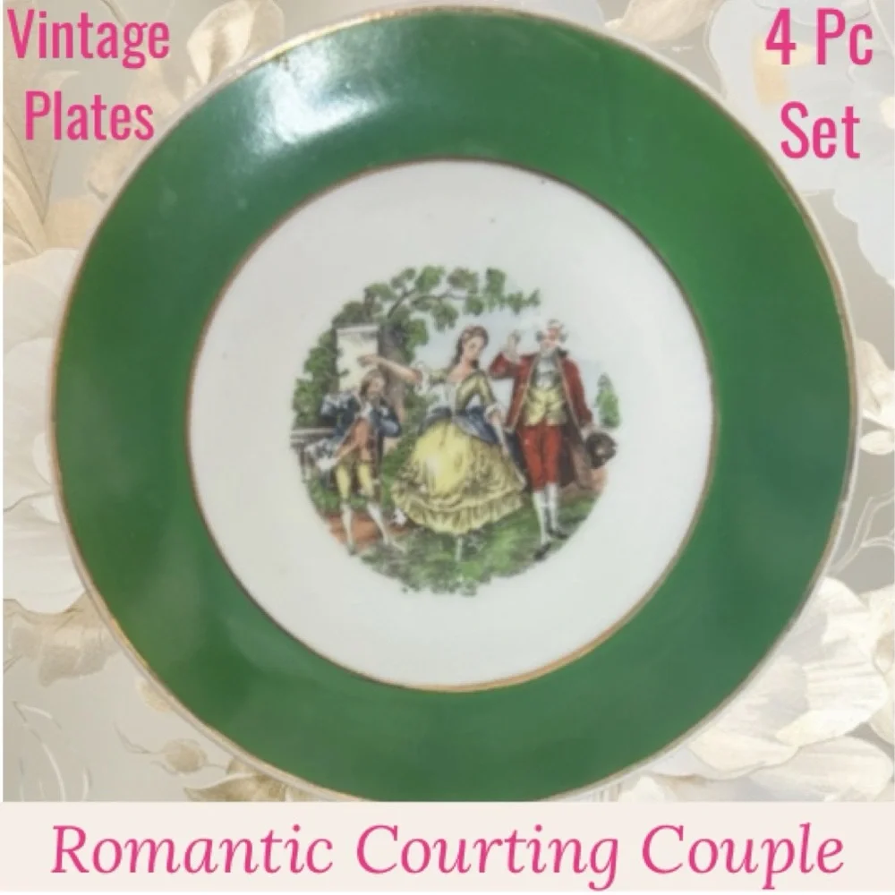 Vintage Courting Couple Plates Set 4 Pc Blume Japan Floral Green White Burgundy